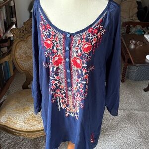 Johnny Was Olivia Blouse Blue Embroidered Bird Floral size XL